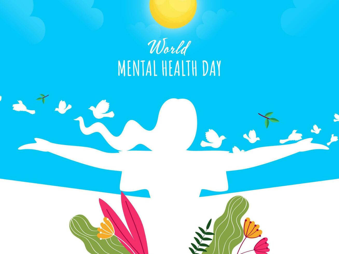 Welt mental Gesundheit Tag Konzept mit Silhouette Frau öffnen ihr Waffen, fliegend Vögel, Blumen, Blätter, Sonne auf Blau und Weiß Hintergrund. vektor