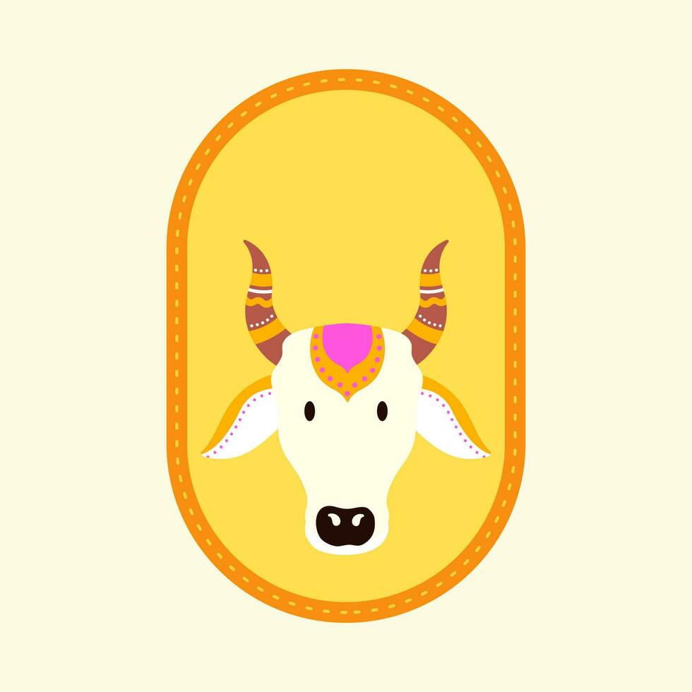 indisk djur- karaktär av ko eller oxe ansikte och tom oval ram på komisk latte bakgrund. vektor