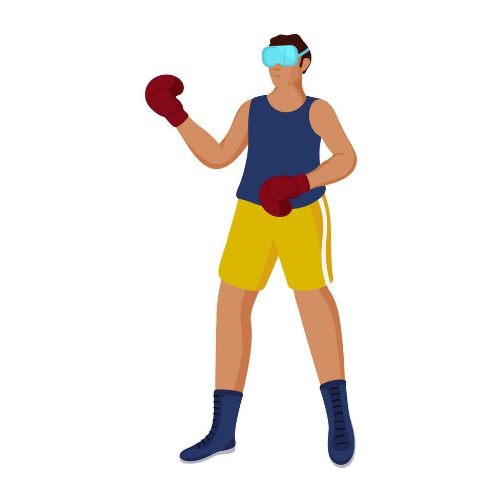 Boxer Mann tragen vr Headset mit Boxen Handschuhe auf Weiß Hintergrund zum virtuell Wirklichkeit Spiel. vektor