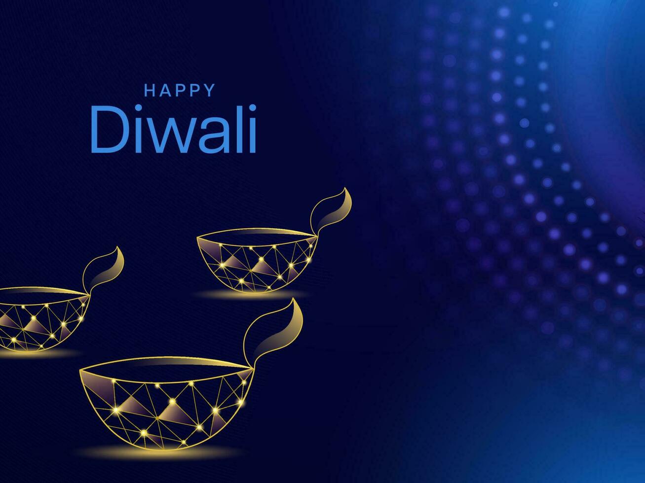 Lycklig diwali firande begrepp med gyllene polygonal olja lampor på blå prickad bakgrund. vektor