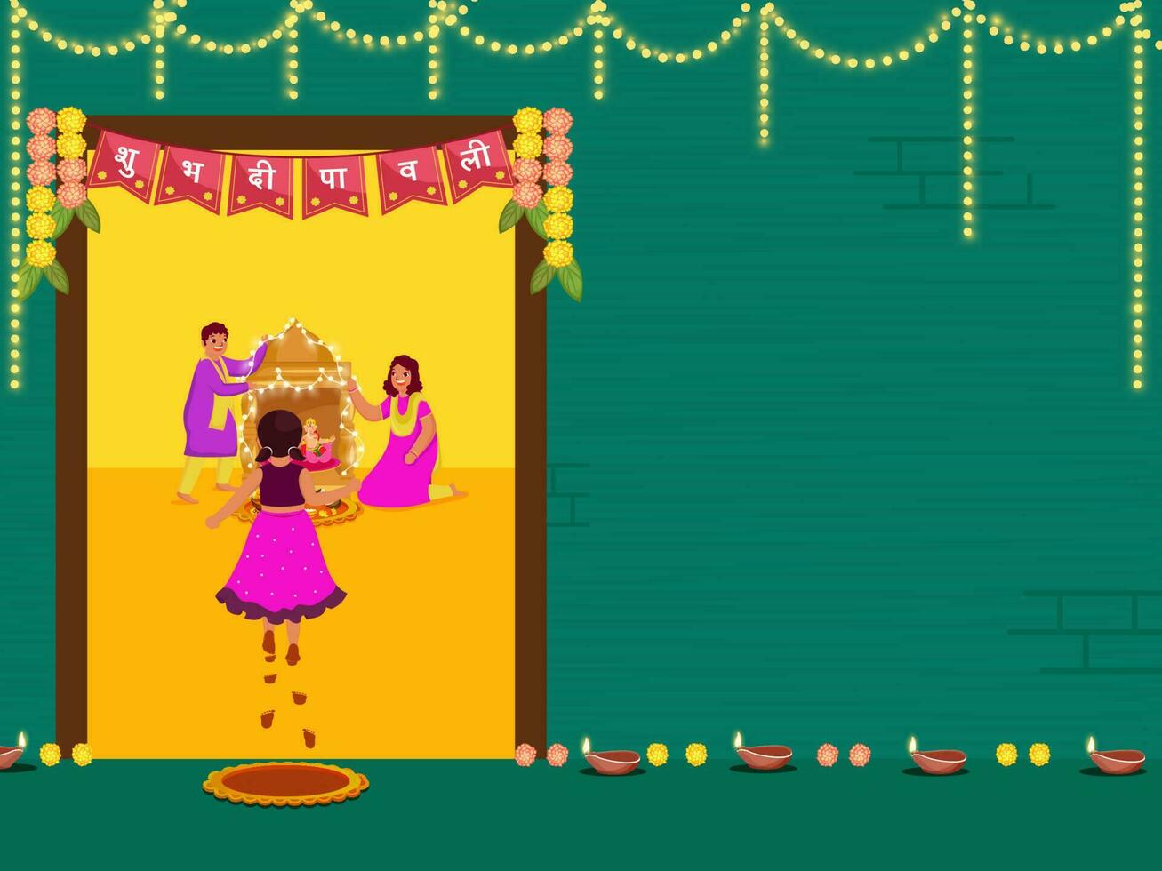 indisk barn dekorera tempel på Hem med belyst olja lampor, traditionell toran och belysning krans dekorerad på kricka grön bakgrund för diwali firande begrepp. vektor