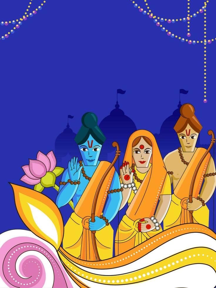 hindu mytologi herre rama med hans fru, bror lakshman karaktär och kopia Plats på blå tempel eller ayodhya se bakgrund. vektor