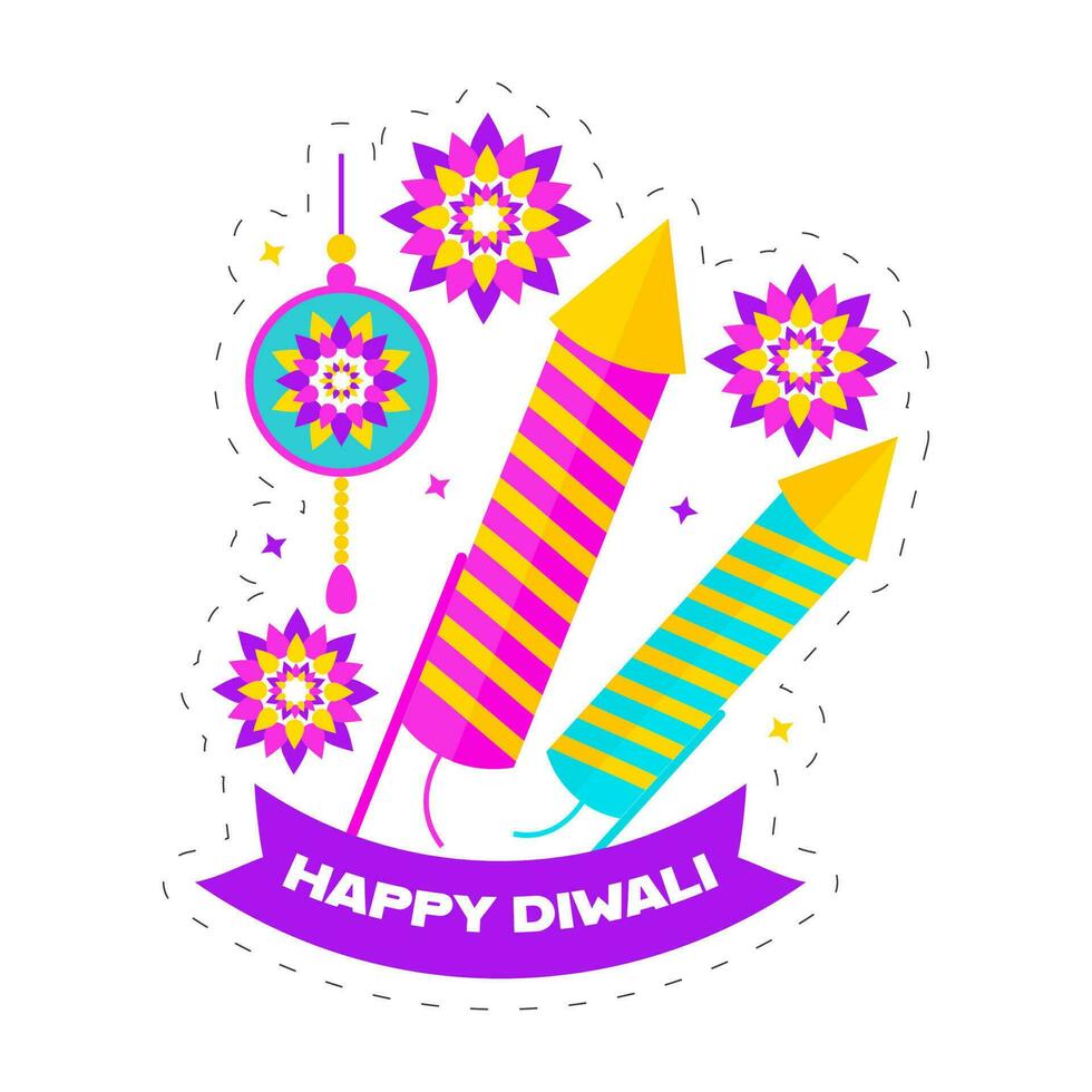 Lycklig diwali firande begrepp med fyrverkeri raketer och mandala prydnad på vit bakgrund. vektor