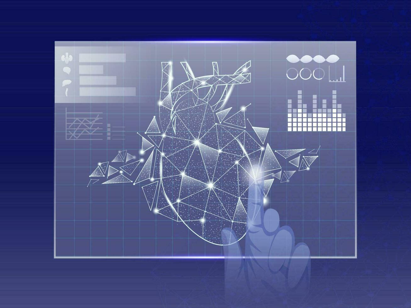 mänsklig hand rörande virtuell polygon hjärta på blå bakgrund. vektor
