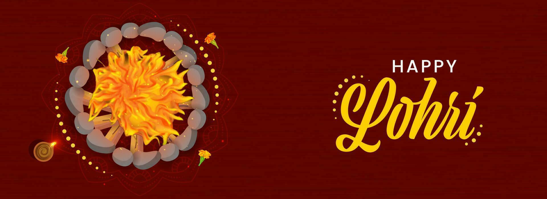 Lycklig lohri firande baner eller rubrik design med topp se av bål, belyst olja lampa och ringblomma blommor på mörk röd trä textur bakgrund. vektor