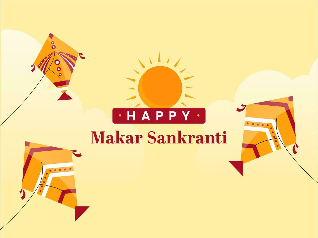 glücklich Makar Sankranti Schriftart mit Sonne und fliegend Drachen auf Gelb Hintergrund. vektor