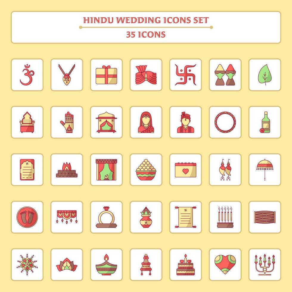 uppsättning av 35 hindu bröllop ceremoni ikoner över fyrkant gul bakgrund. vektor