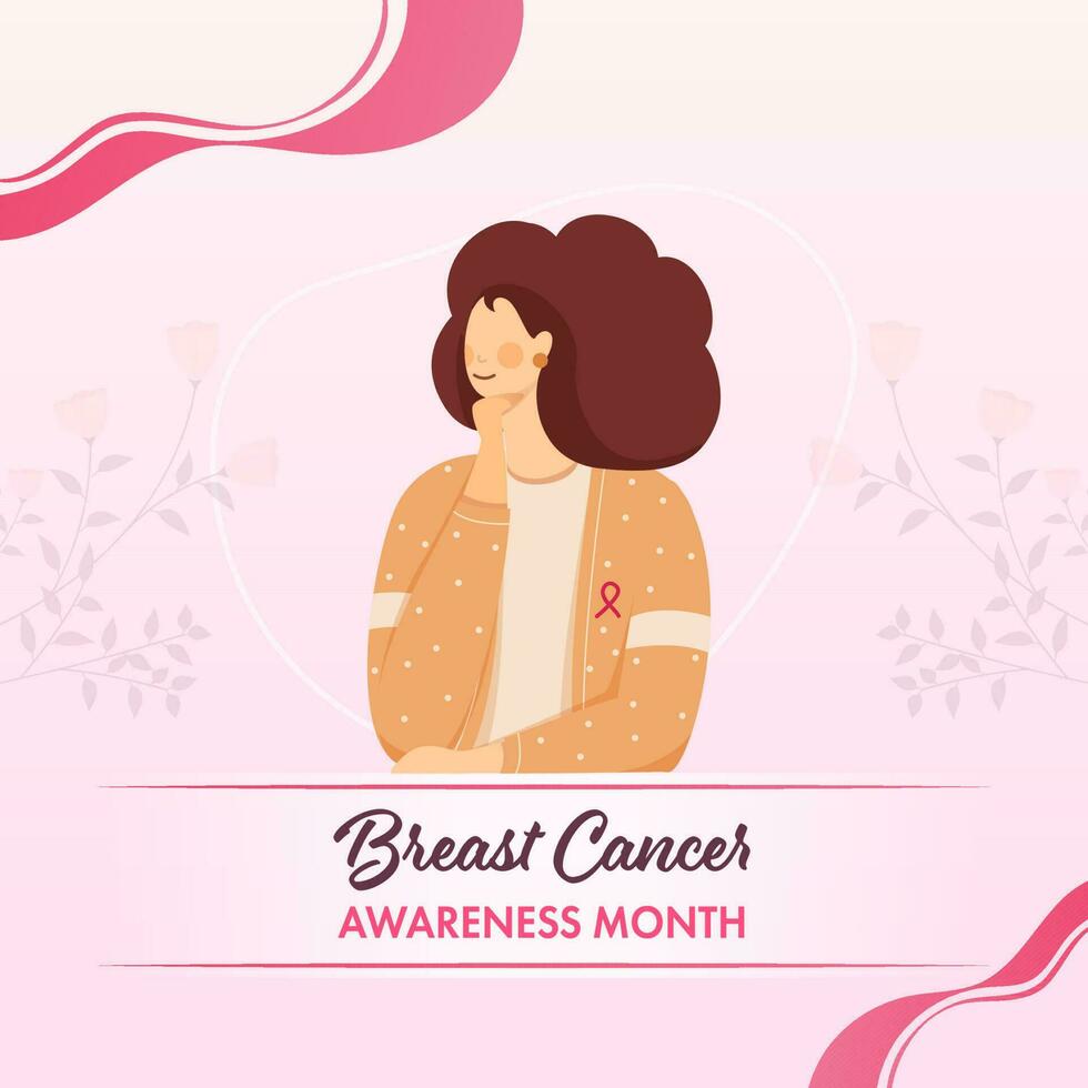 bröst cancer medvetenhet månad begrepp med ung kvinna hade på sig rosa band bricka, bröst cancer medvetenhet symbol. sjukvård bakgrund. vektor