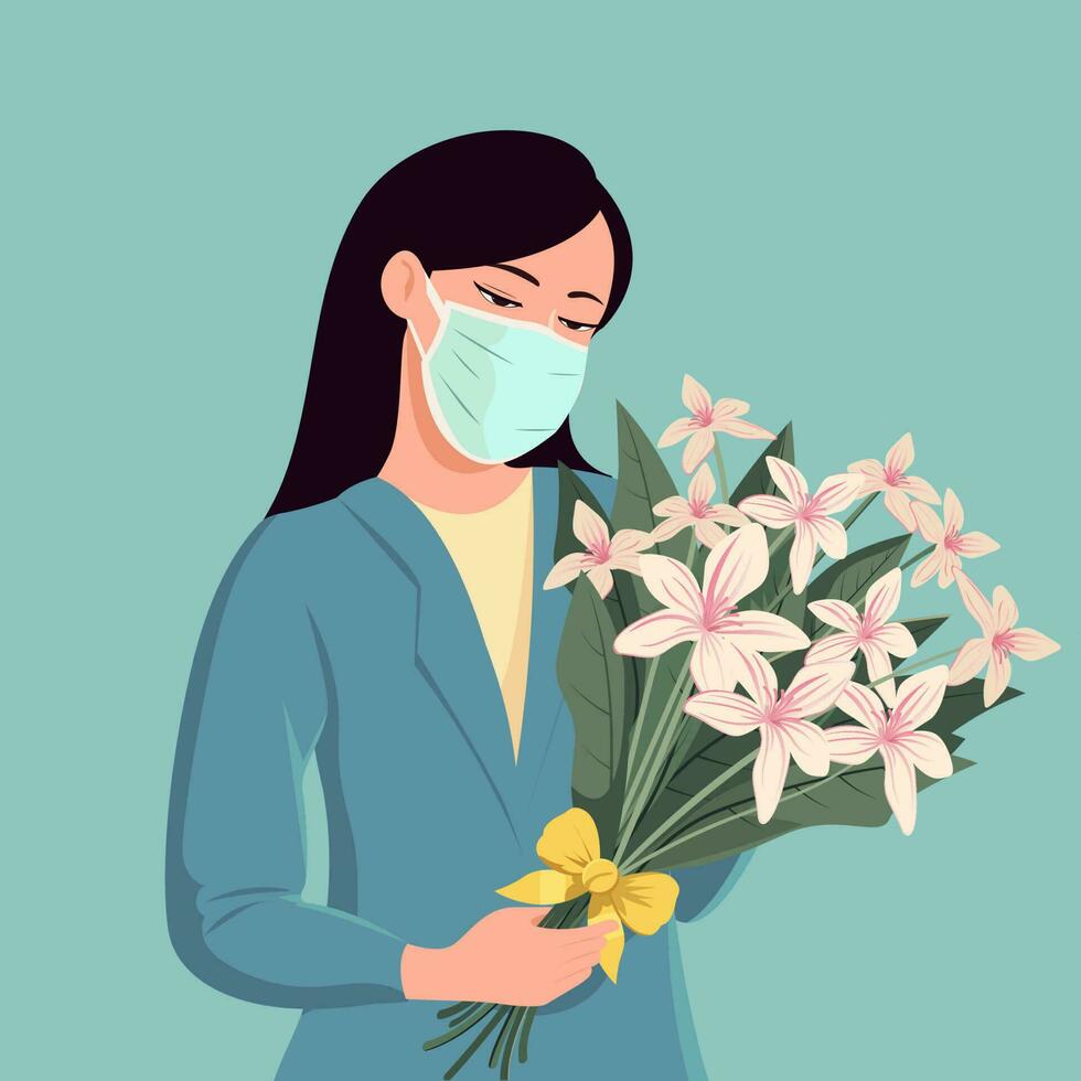 Vektor Illustration von Maske tragen modern Frau halten Blume Strauß.