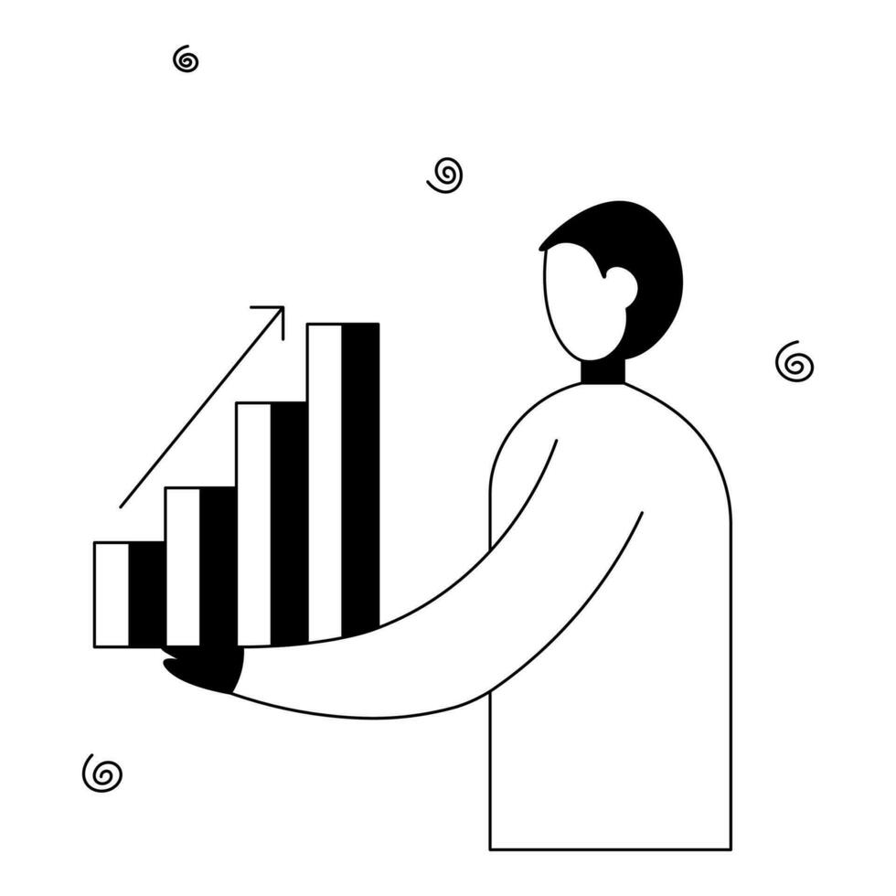 linjekonst illustration av en företag man med Framgång eller infographic bar. företag begrepp. vektor