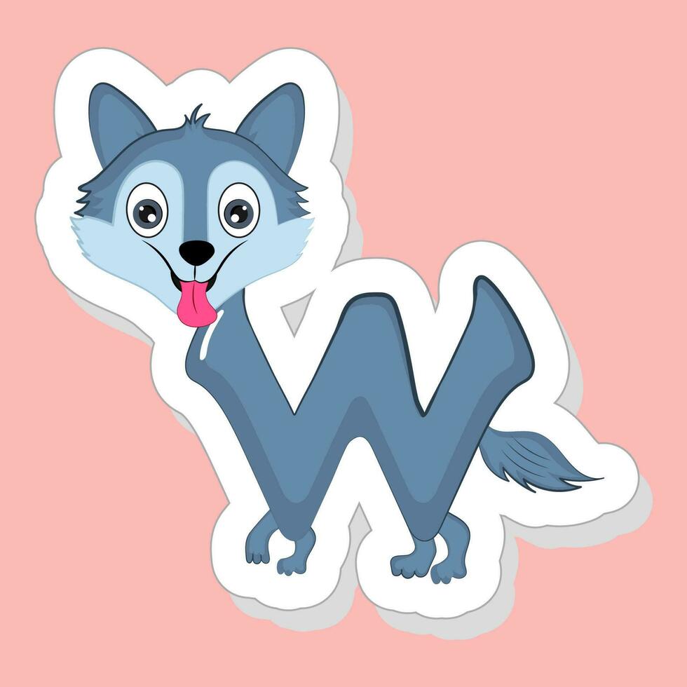 Aufkleber Stil w Alphabet Karikatur Tier Wolf auf Rosa Hintergrund. vektor
