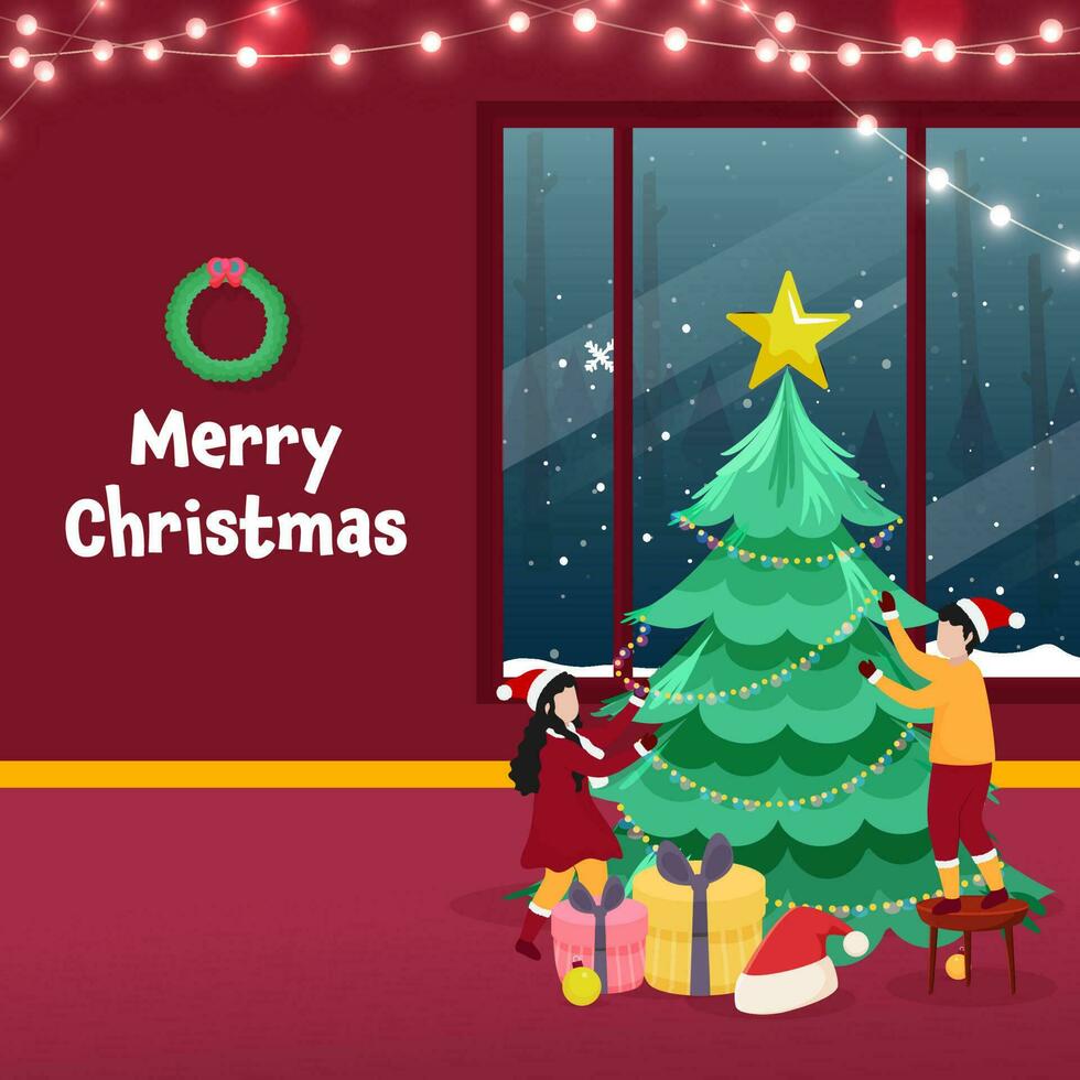 glad jul firande interiör se med ansiktslös barn dekorerad xmas träd förbi belysning krans, gåva lådor och santa hatt. vektor