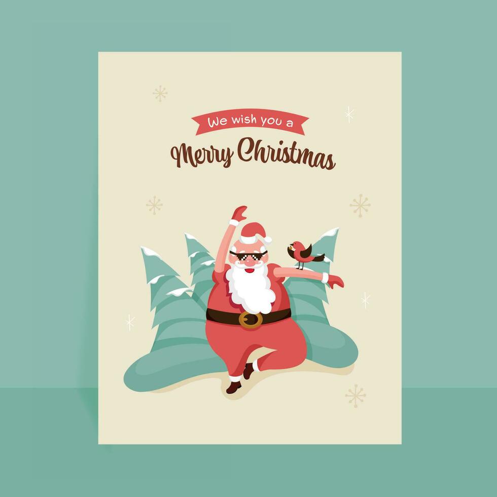glad jul hälsning kort med glad santa claus, fågel och xmas träd på beige snöflingor bakgrund. vektor