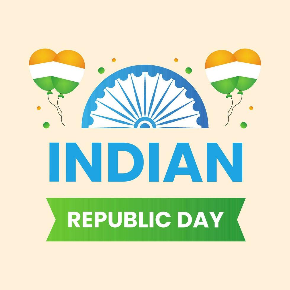 indisk republik dag text med halv ashoka hjul och ballonger över persika bakgrund för Indien nationell festival firande begrepp. vektor