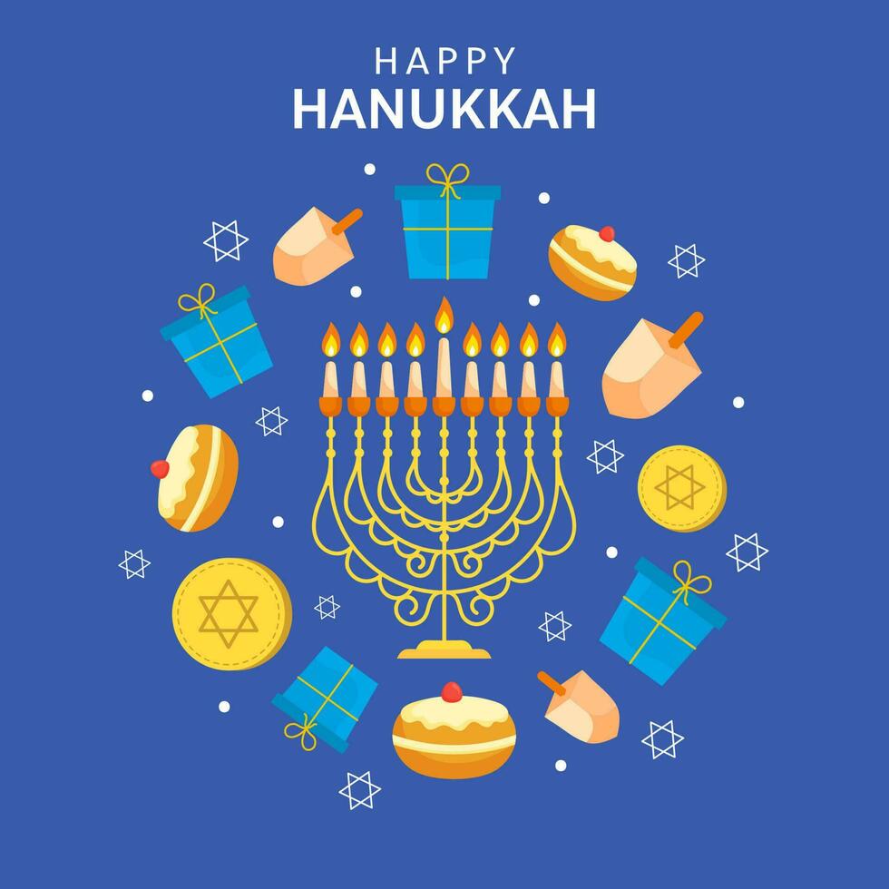 Lycklig hanukkah firande hälsning kort med festival element dekorerad på blå bakgrund. vektor