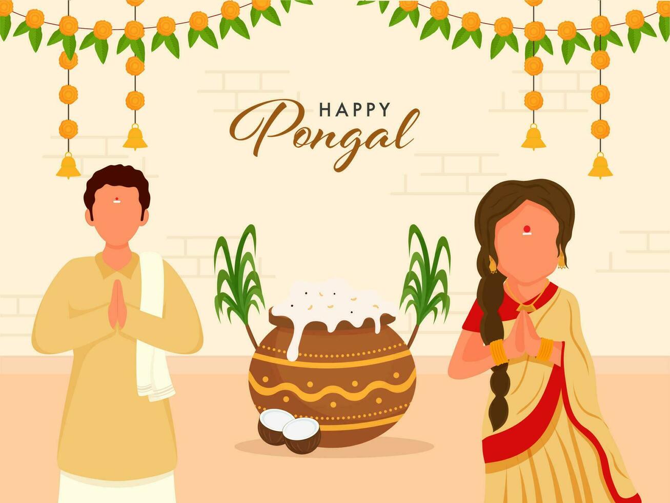 gesichtslos Süd indisch Paar Gruß namaste mit Festival Element und Blumen- Girlande dekoriert Hintergrund zum glücklich pongal Feier. vektor