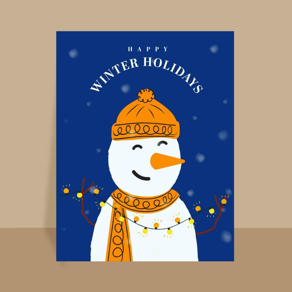 Lycklig vinter- högtider hälsning kort med söt snögubbe och belysning krans på blå bakgrund. vektor