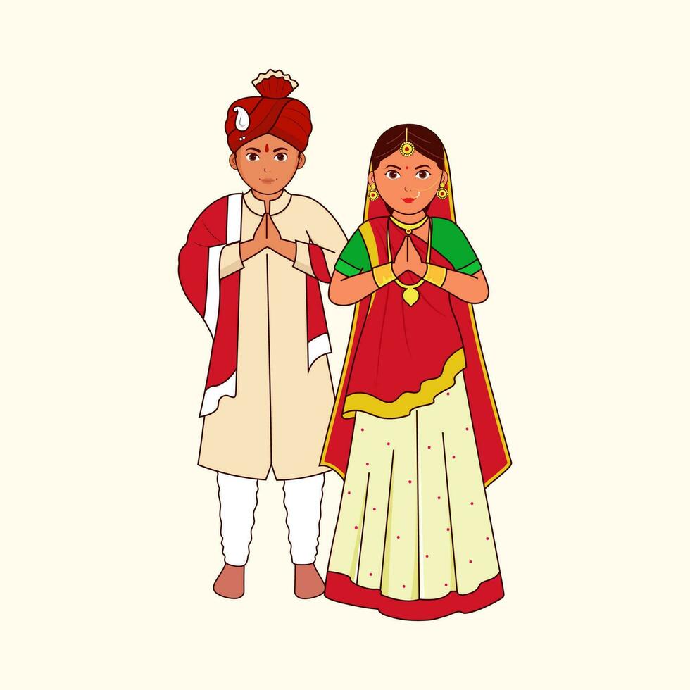Gujarati Hochzeit Paar Gruß namaste gegen kosmisch Latté Hintergrund. vektor
