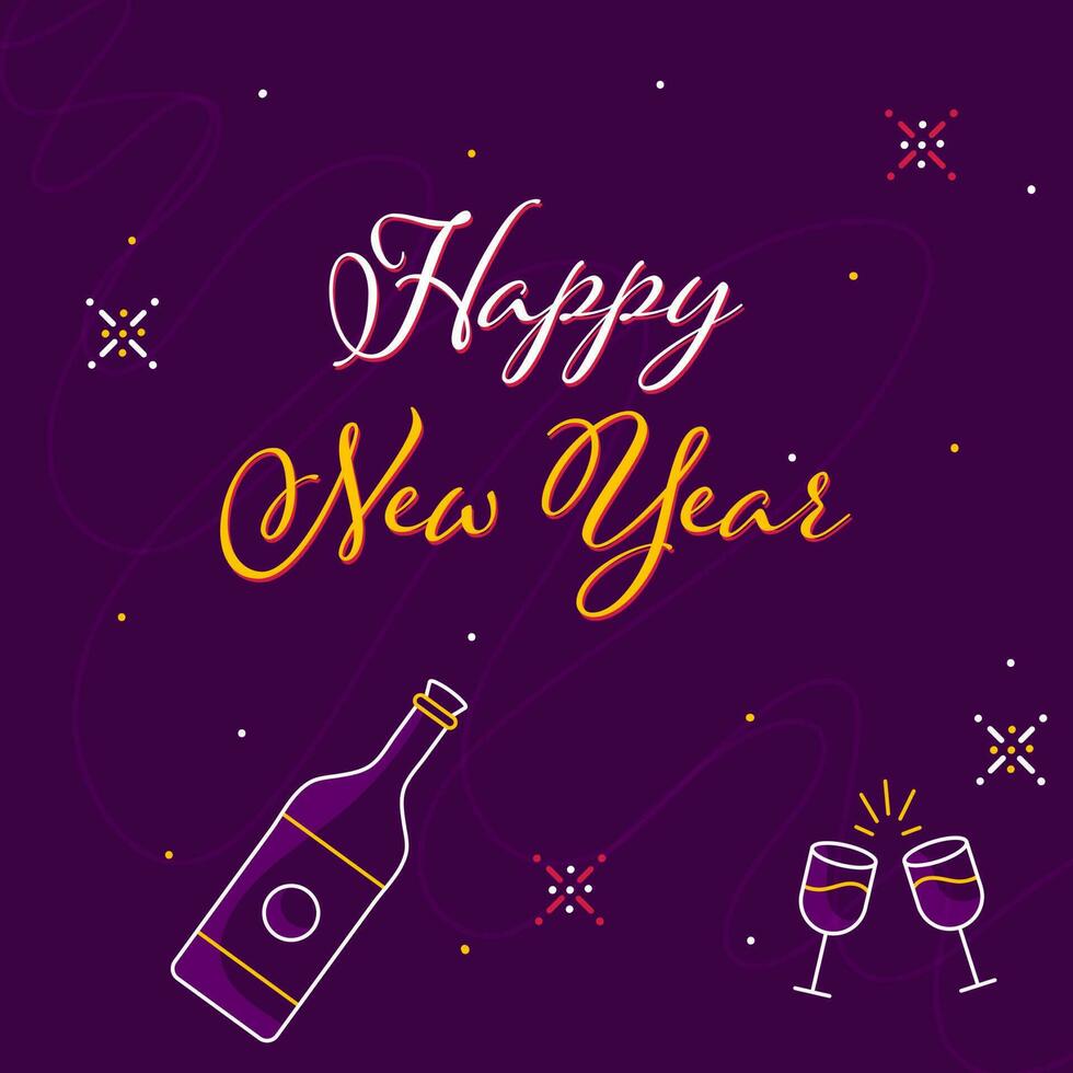 glücklich Neu Jahr Schriftart mit Gekritzel Champagner Flasche und Toast Brille auf lila Hintergrund. vektor