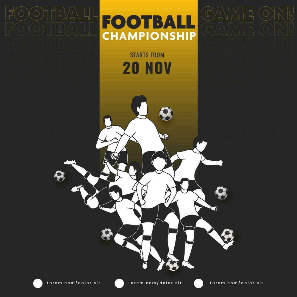 Fußball Meisterschaft Konzept basierend Poster Design mit gesichtslos männlich Fußball Spieler im verschiedene posiert auf schwarz Hintergrund. vektor
