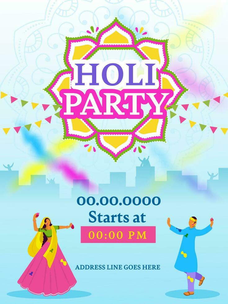 holi Party Einladung Karte mit indisch jung Paar werfen Farbe Luftballons auf jeder andere und Veranstaltung Einzelheiten. vektor