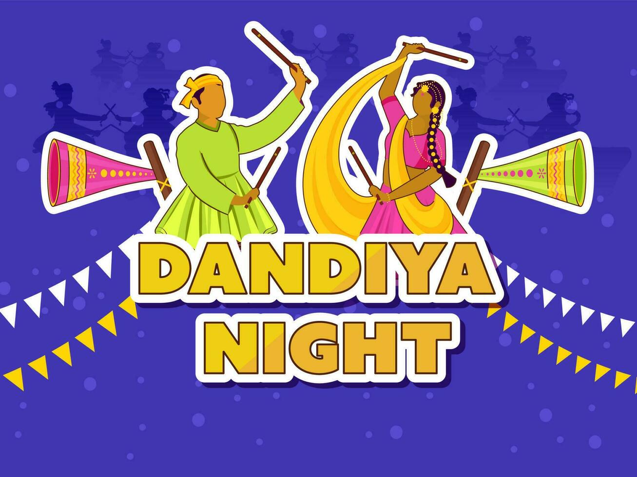 Aufkleber Stil Dandiya Nacht Schriftart mit gesichtslos indisch Paar spielen und vuvuzela auf Blau Hintergrund. vektor