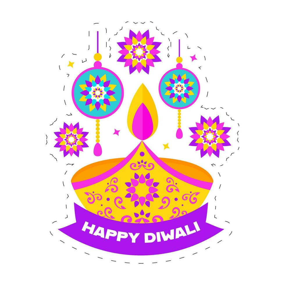 glücklich Diwali Konzept mit zündete Öl Lampe und Mandala Ornament auf Weiß Hintergrund. vektor