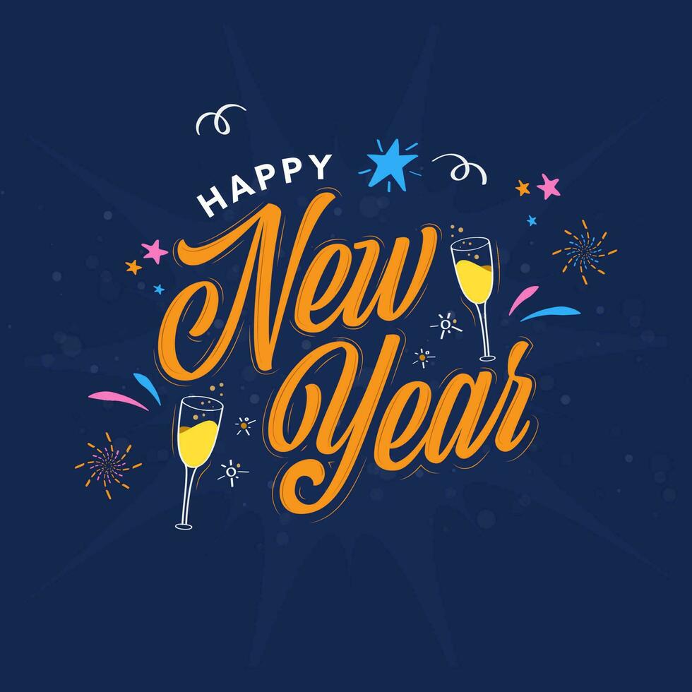 Lycklig ny år font med champagne glasögon, stjärnor och fyrverkeri på blå bakgrund. vektor