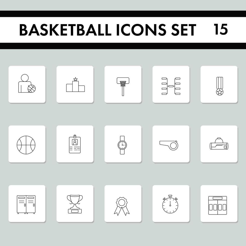 schwarz geradlinig Stil Basketball Symbole einstellen auf grau Platz Hintergrund. vektor