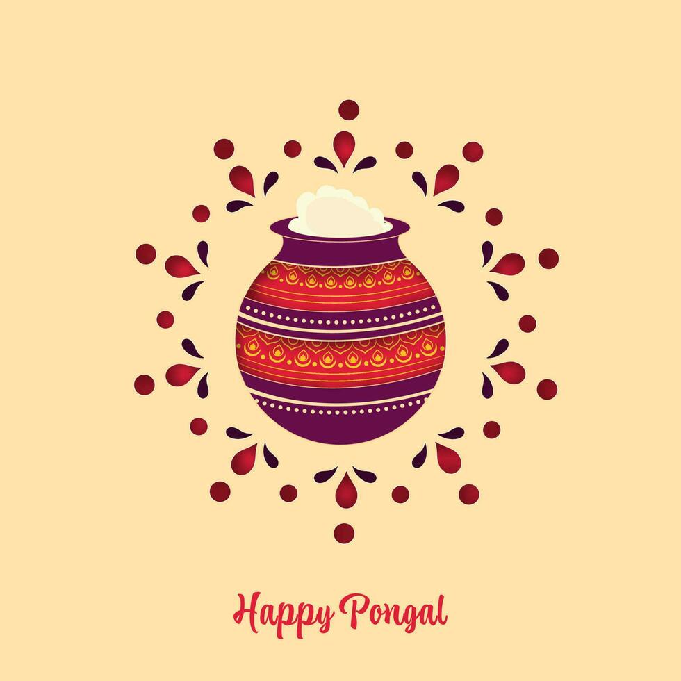 Lycklig pongal firande hälsning kort med traditionell maträtt i lera pott på gul persika bakgrund. vektor