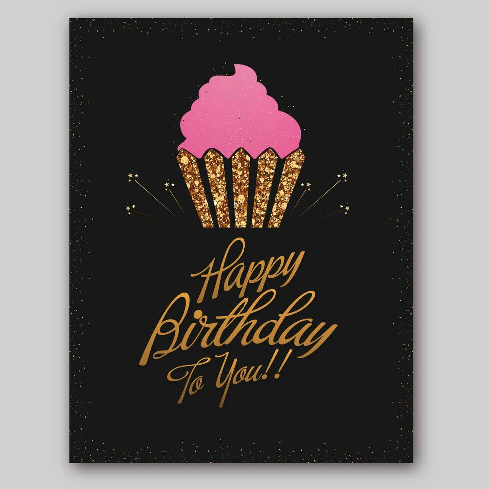 gyllene Lycklig födelsedag till du font med utsökt muffin och glitter effekt på svart bakgrund. vektor