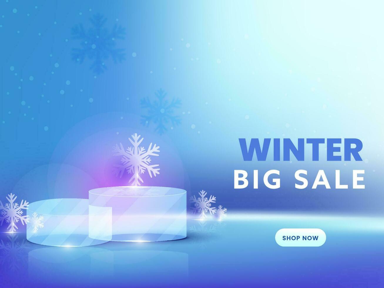 vinter- stor försäljning affisch design med tömma kristall pallplatser och snöflingor på lysande blå bakgrund. vektor