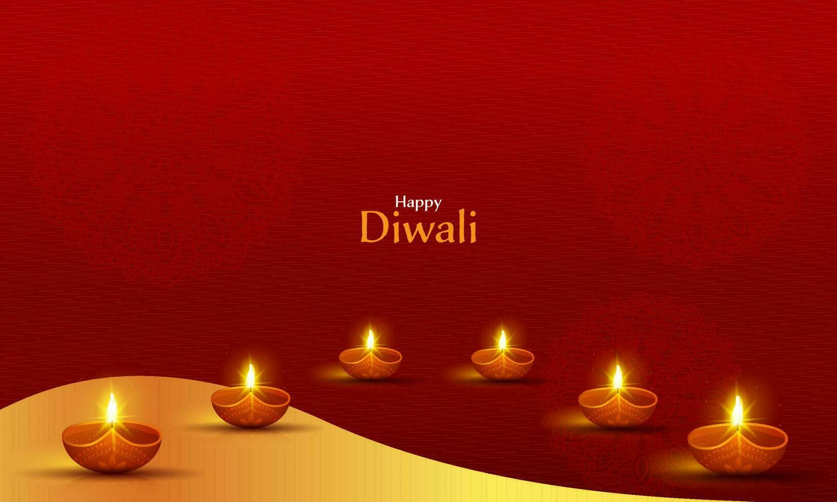 Lycklig diwali firande baner design med upplyst olja lampor på gul och röd mandala mönster bakgrund. vektor