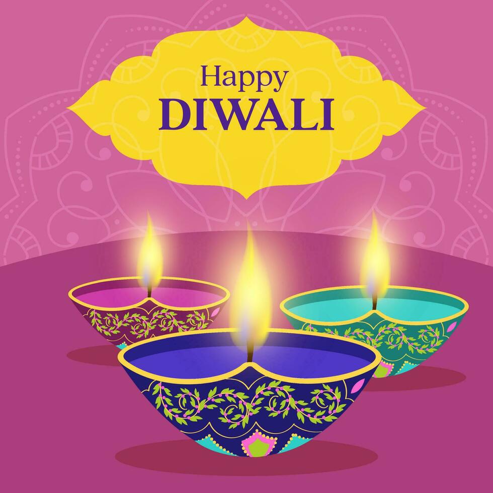 Lycklig diwali firande affisch design med belyst olja lampor på gul och rosa mandala mönster bakgrund. vektor