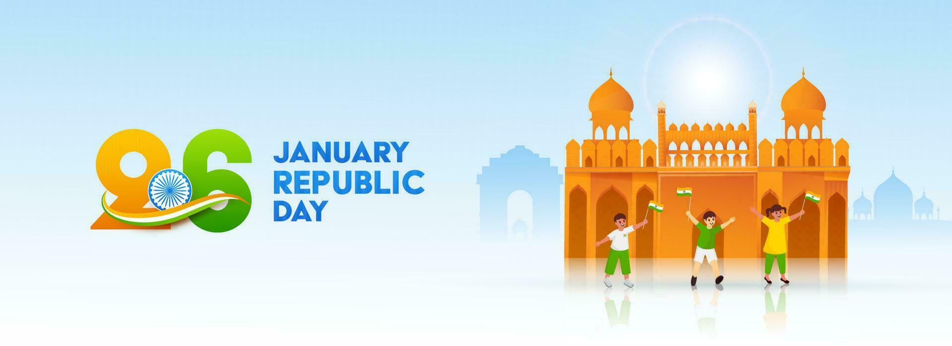 26 .. Januar, Republik Tag Schriftart mit heiter Kinder halten National Flaggen, Indien berühmt Monumente auf Blau und Weiß Hintergrund. vektor