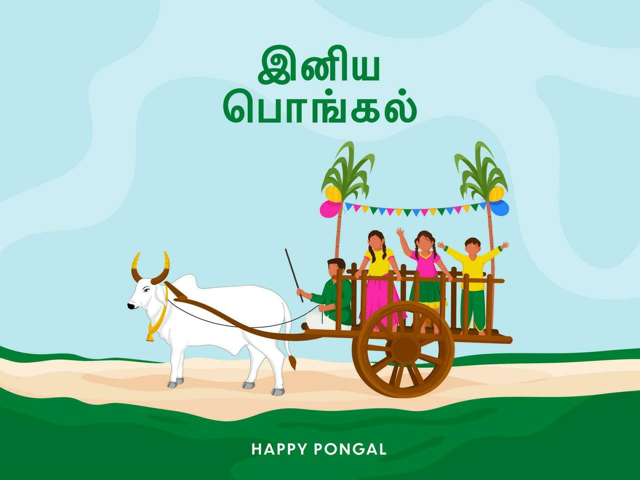 Lycklig pongal font skriven i tamil språk med söder indisk barn njuter oxe vagn rida i de by. vektor