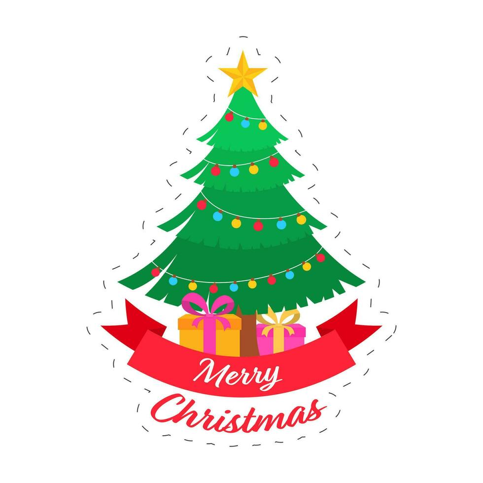 fröhlich Weihnachten Gruß Karte mit dekorativ Weihnachten Baum und Geschenk Kisten auf Weiß Hintergrund. vektor