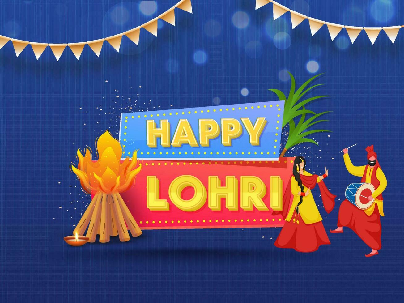 gul skiktad Lycklig lohri text med festival element, punjabi par håller på med bhangra och dhol instrument på blå rader mönster bokeh bakgrund. vektor