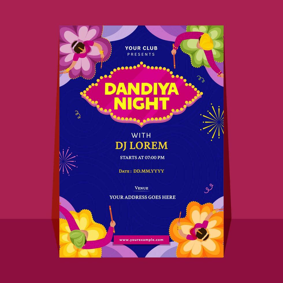 Dandiya Nacht Party Einladung Karte mit oben Aussicht von indisch jung Paar Tanzen und Veranstaltung Einzelheiten. vektor