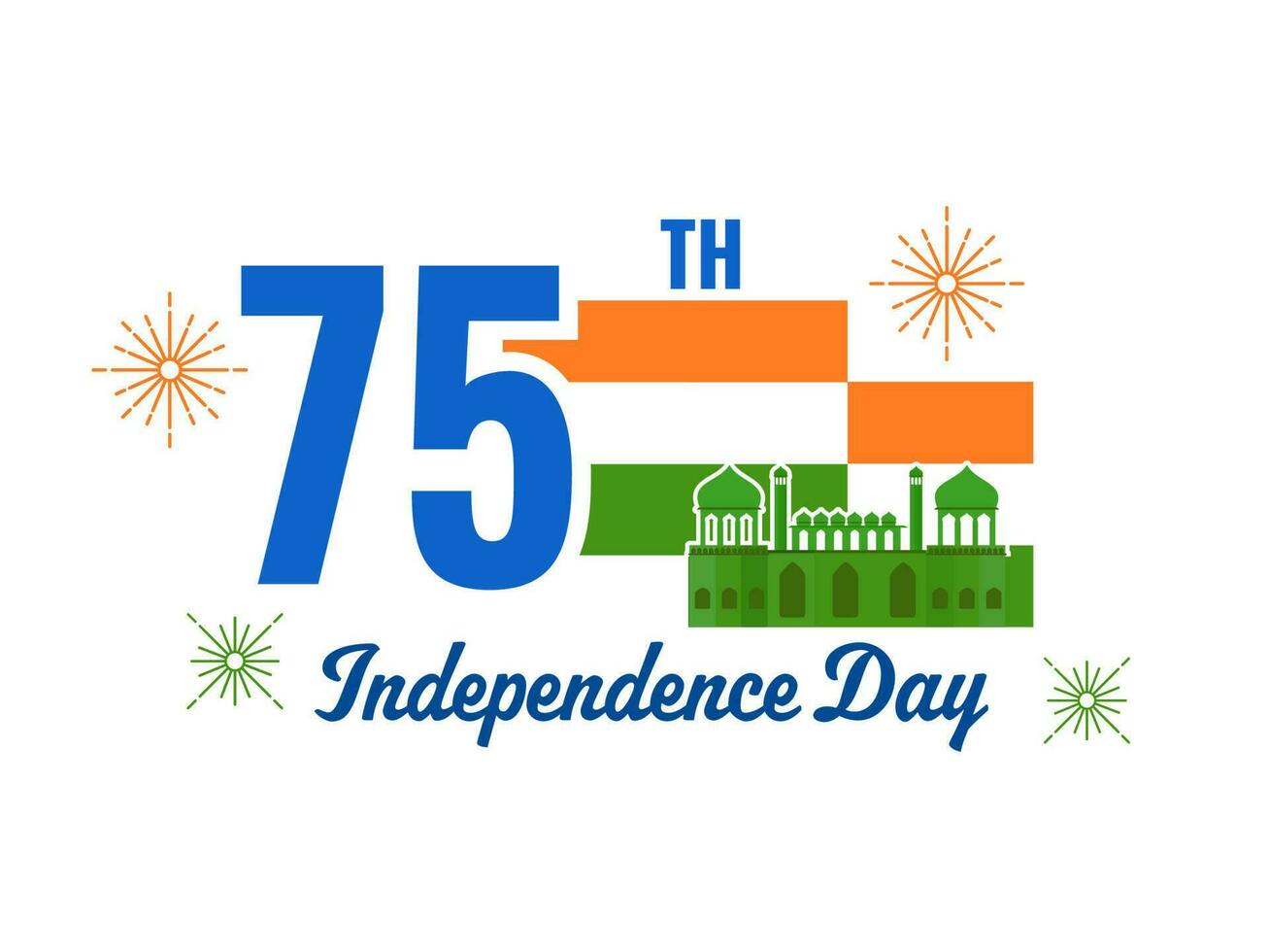 75 .. indisch Unabhängigkeit Tag Konzept mit indisch National Flagge, rot Fort und Feuerwerk auf Weiß Hintergrund. vektor