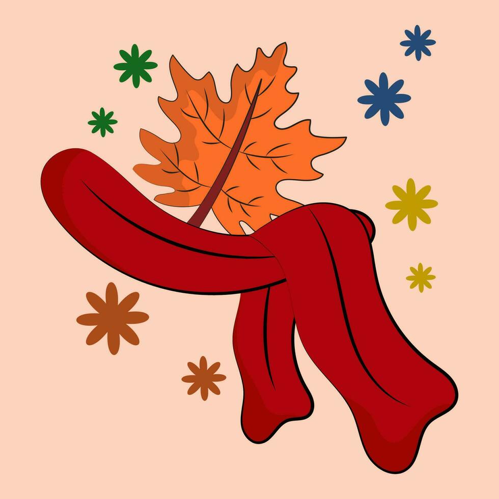 röd scarf med lönn blad och blommor över persika bakgrund. vektor