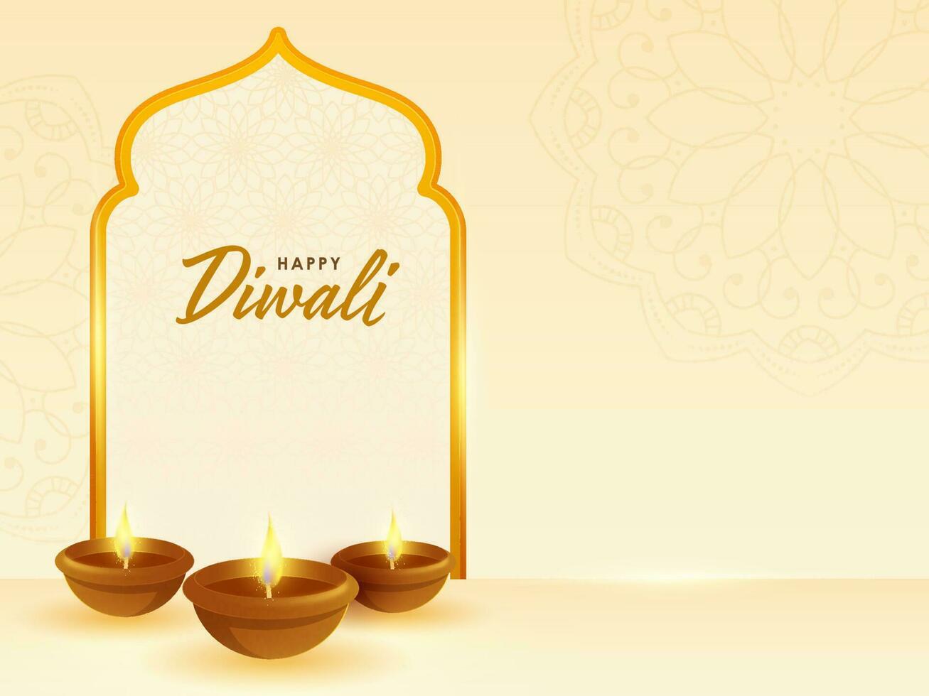 glücklich Diwali Feier Konzept mit beleuchtet realistisch Öl Lampen auf Weiß und Pastell- Gelb Mandala Muster Hintergrund. vektor