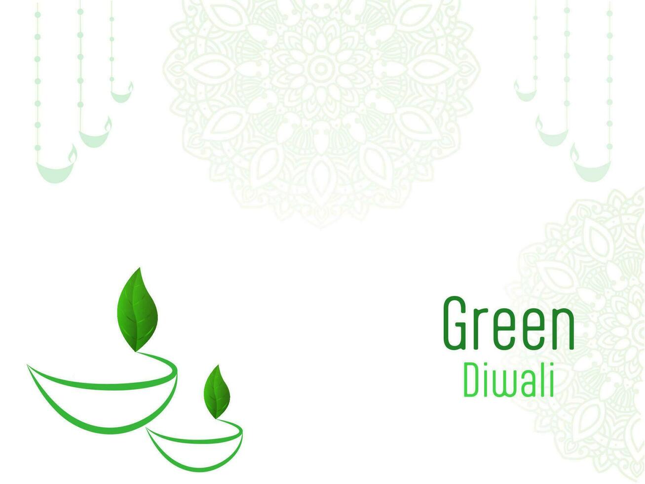 grön diwali firande begrepp med eco vänlig diya dekorerad på vit mandala bakgrund. vektor