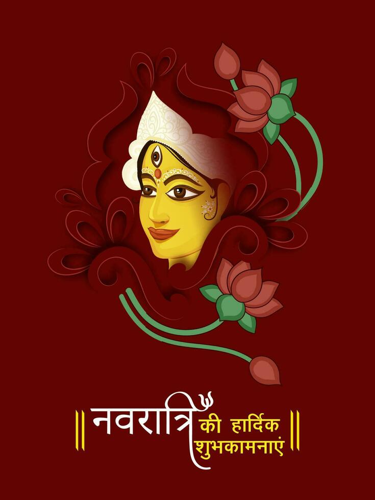 glücklich navratri wünscht sich geschrieben im Hindi Sprache mit Göttin Durga maa Gesicht und Lotus Blumen auf rot Hintergrund. vektor