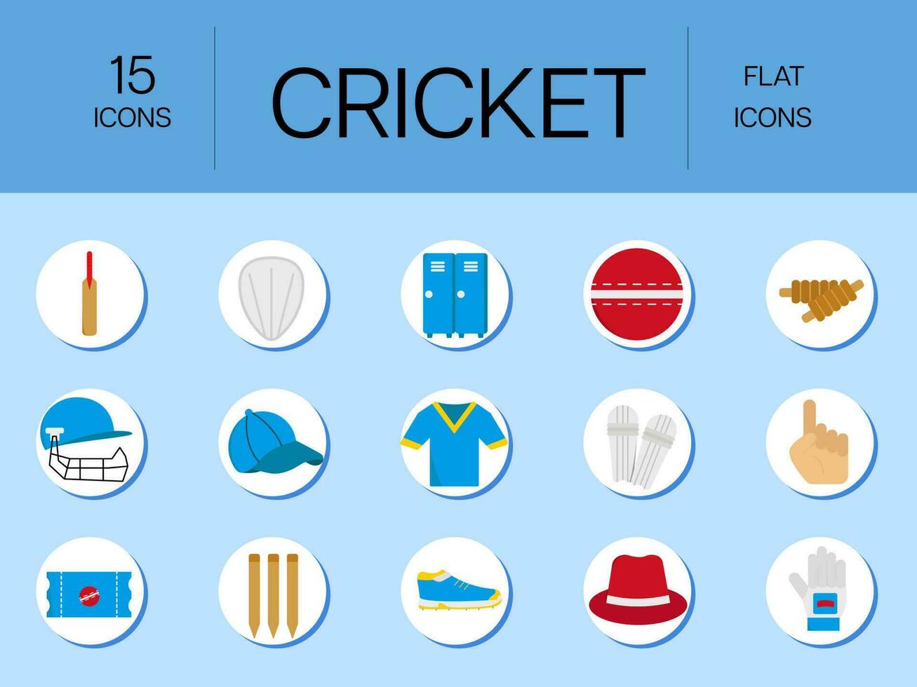 15 Symbole Pack von Kricket wesentlich Objekt Über Kreis auf Blau Hintergrund. vektor