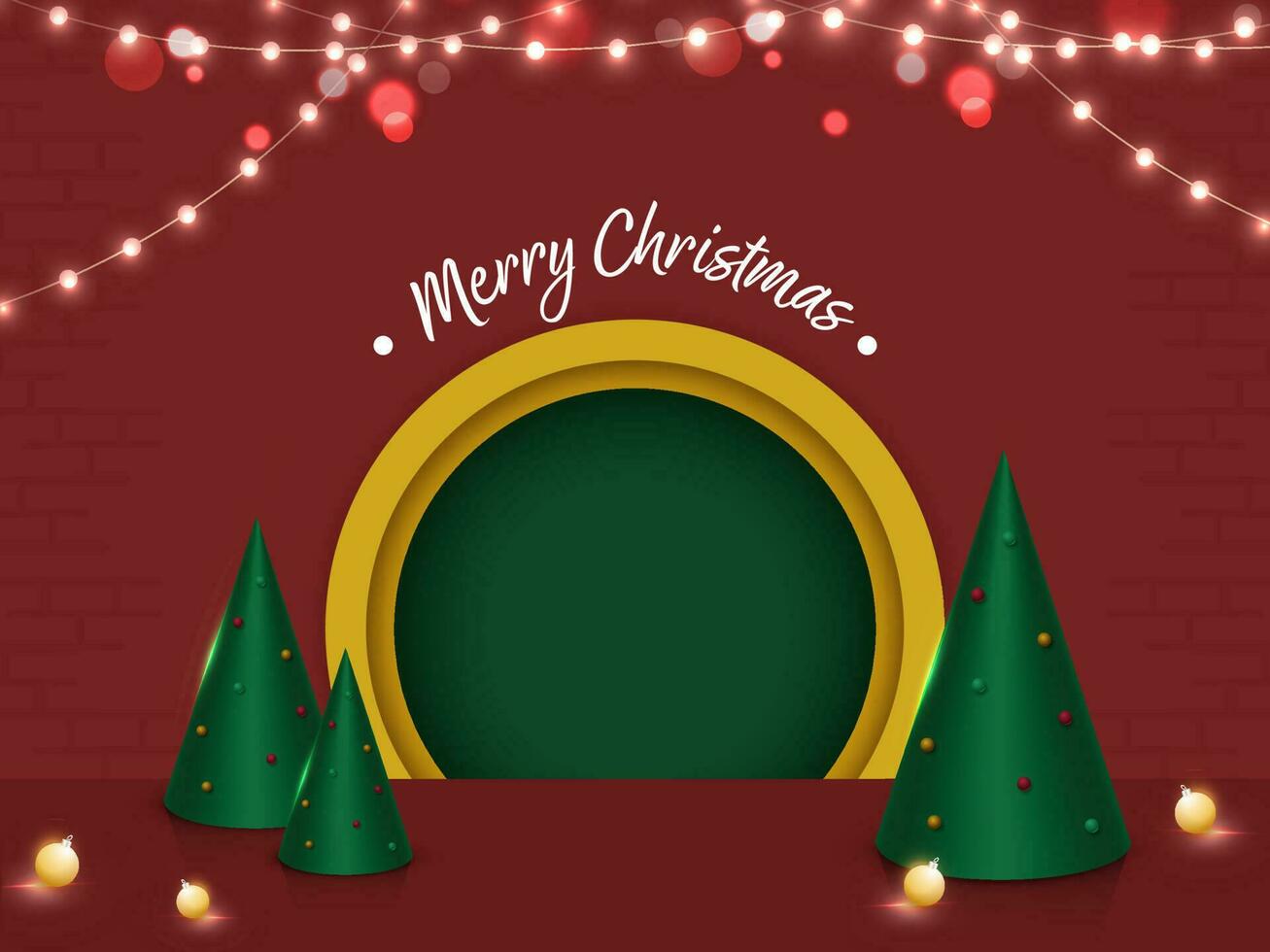 glad jul affisch design med 3d framställa kon formad xmas träd, grannlåt, belysning krans dekorerad röd bakgrund och tömma cirkulär ram. vektor
