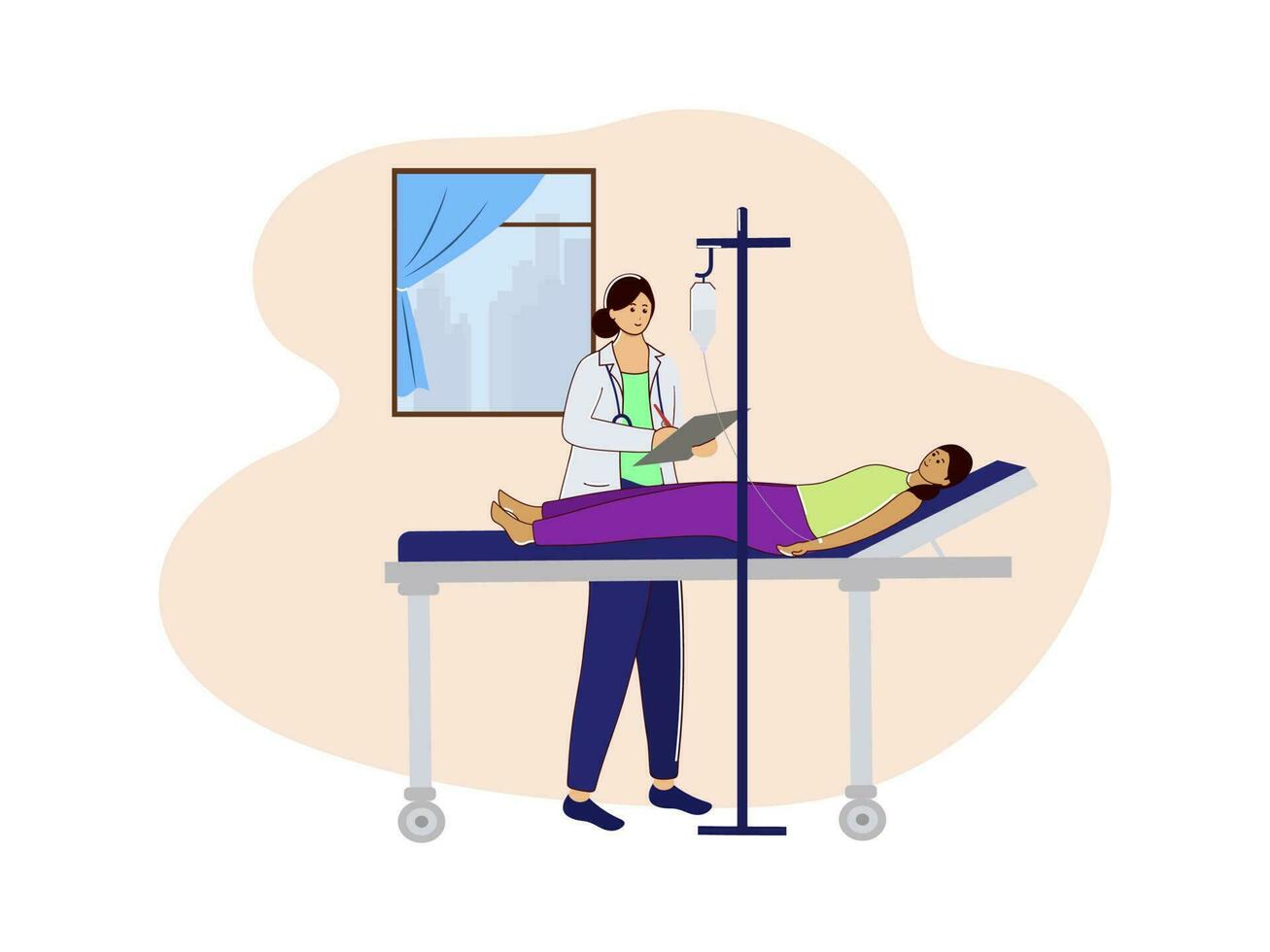 Vektor Illustration von weiblich Arzt geschrieben Rezept zum ein geduldig Lügen auf Bett im Krankenhaus Zimmer.