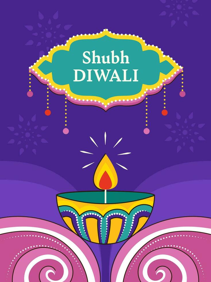 glücklich Diwali Gruß Karte mit zündete Öl Lampe auf Rosa und lila Hintergrund. vektor