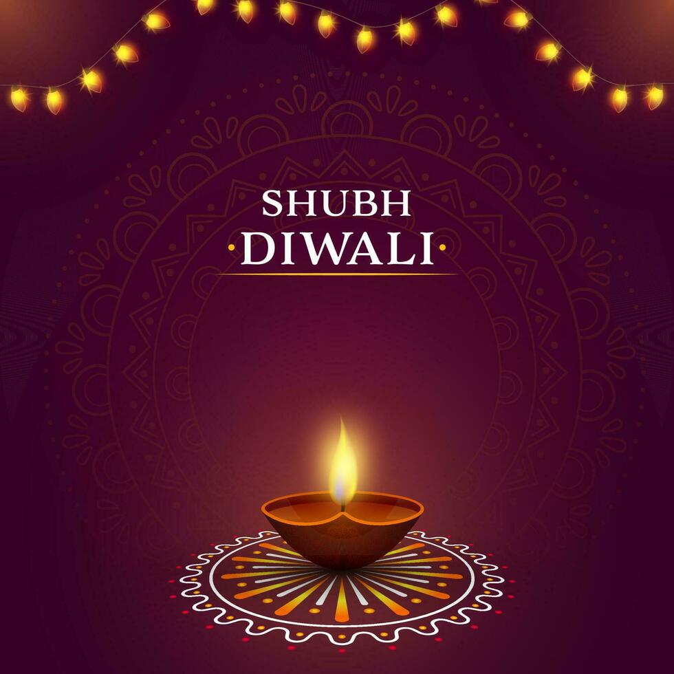 glücklich Diwali Feier Poster Design mit zündete realistisch Öl Lampe Über Rangoli und Beleuchtung Girlande auf lila Hintergrund. vektor