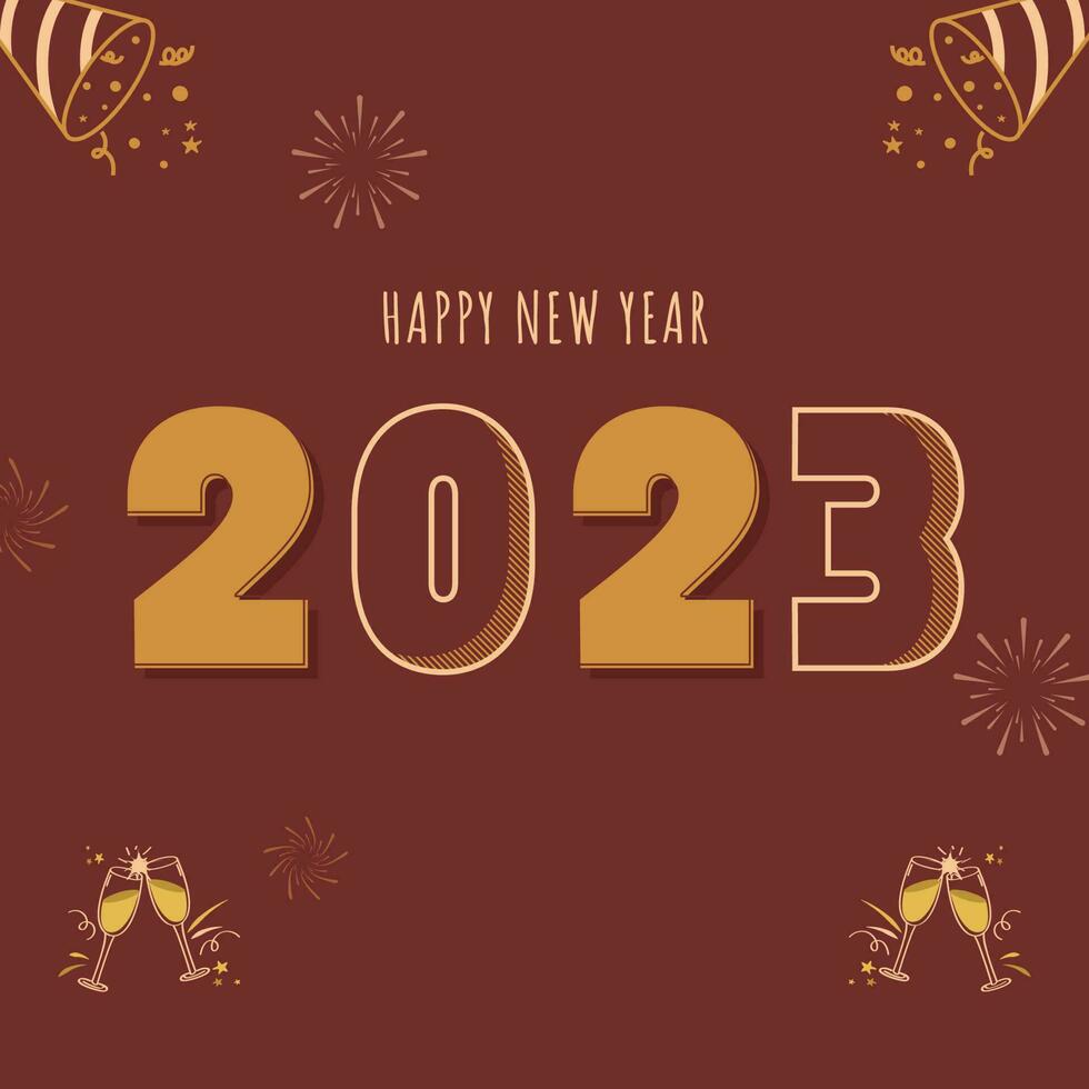 2023 Lycklig ny år text med rostat bröd glas, fest poppern och fyrverkeri på bränd umbra bakgrund. vektor